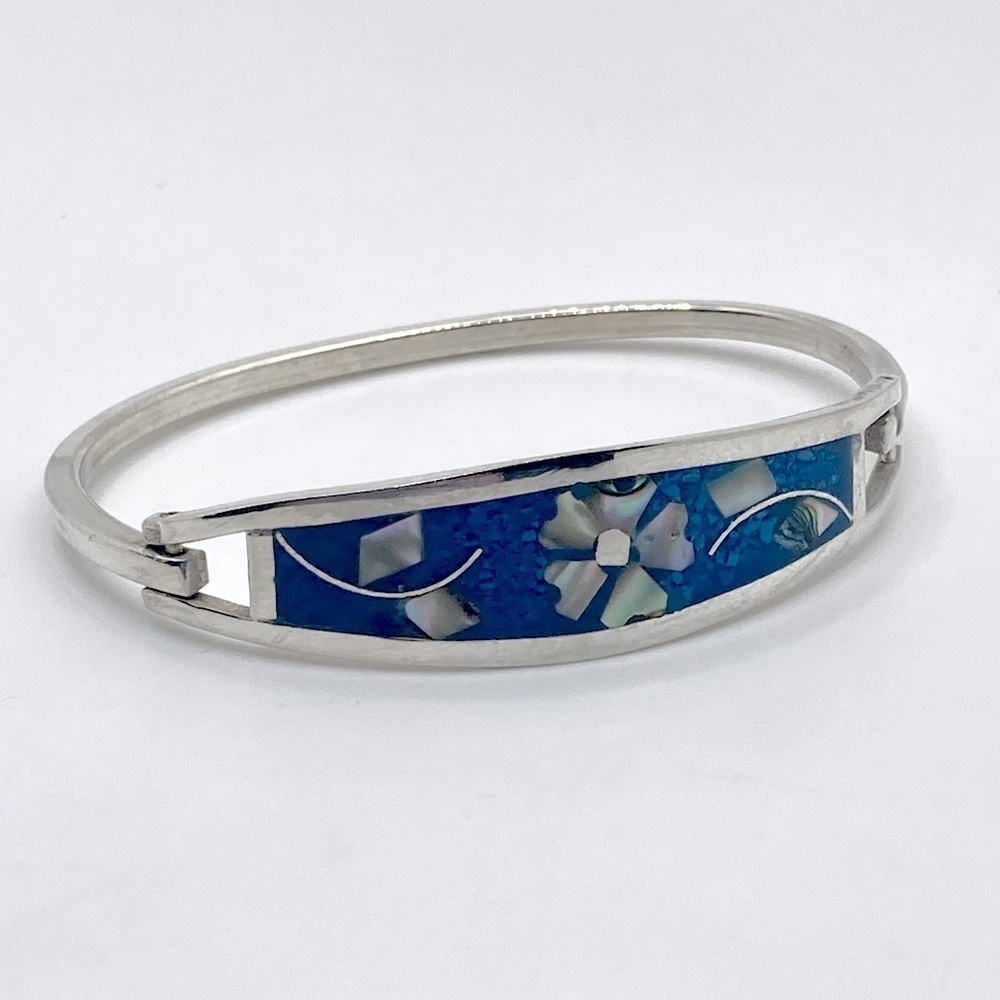 Vtg Taxco Sterling Abalone Inlay Floral Motif w Crushed Turquoise Bangle 6.5”